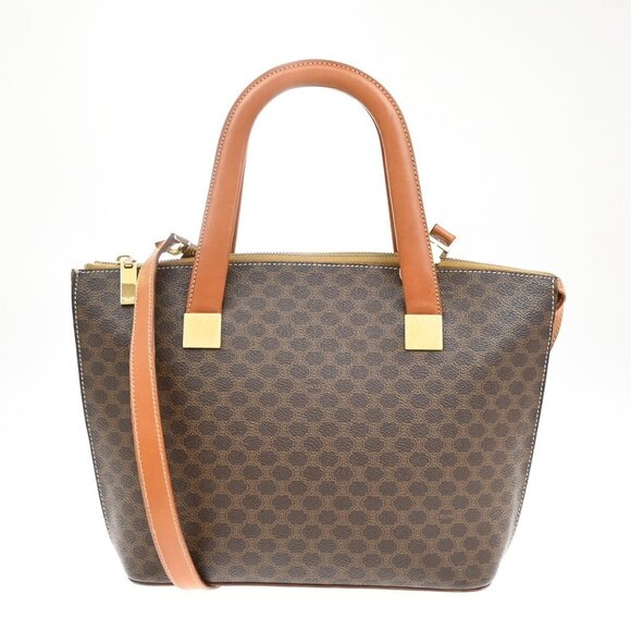 CELINE Logo Macadam Pattern 2Way Shoulder Hand Bag PVC Leather Brown - Picture 1 of 5